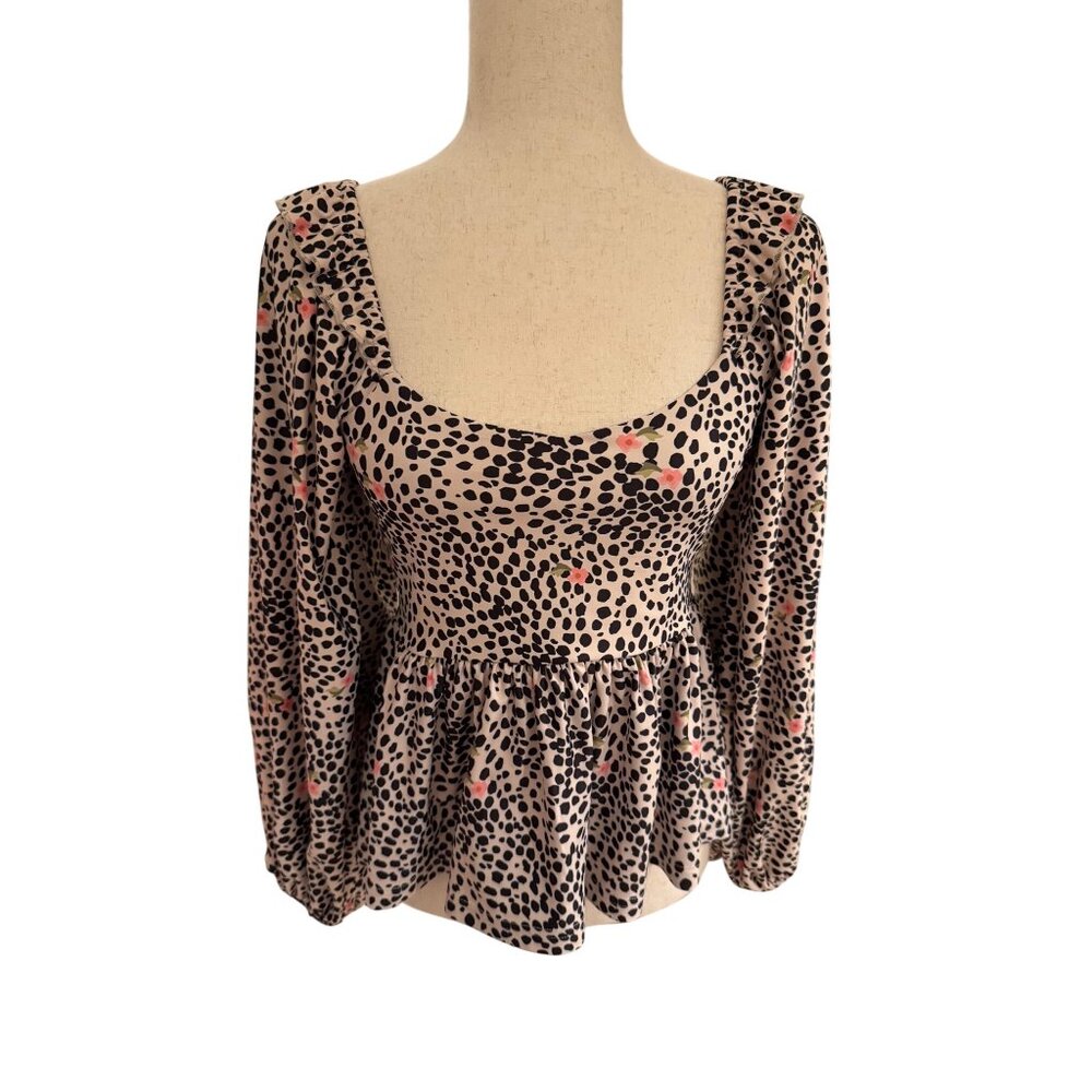 Smith & Quinn Leopard Floral Peplum Top Square Neck Ruffle Puff Sleeve XS